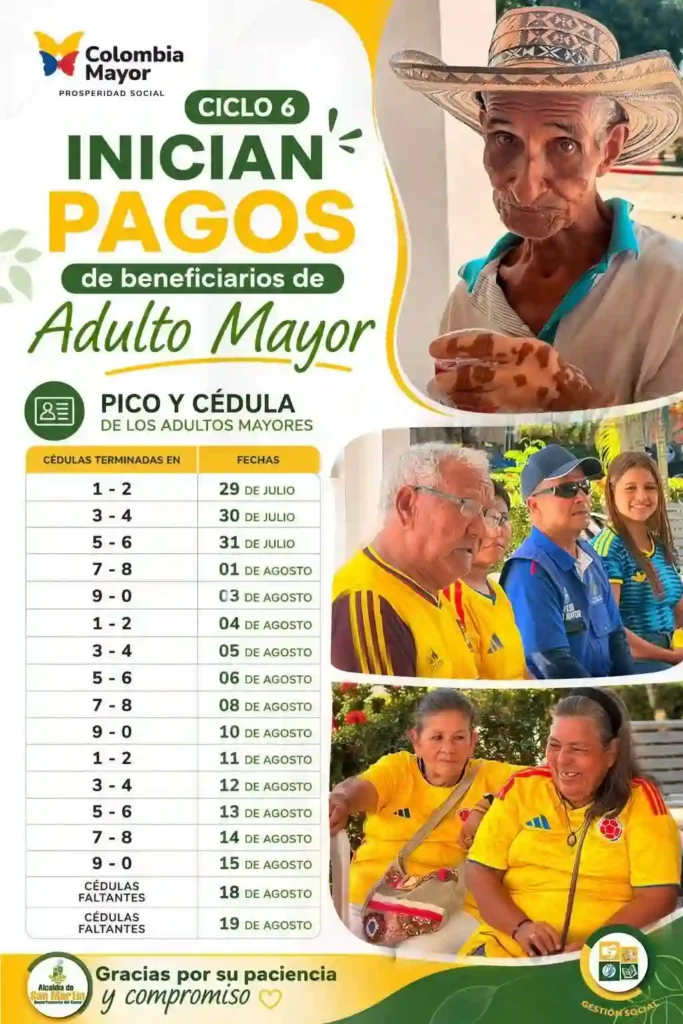¿Cuál es la fecha de pago del adulto mayor? 2 Cesar San Martin cronograma pico y cedula colombia mayor