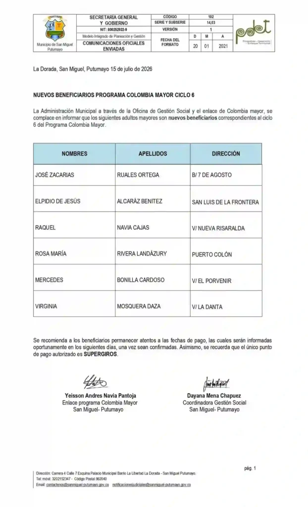 NUEVOS BENEFICIARIOS COLOMBIA MAYOR PUTUMAYO