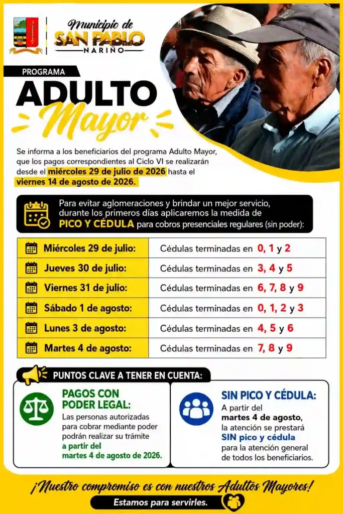 ¿Cuál es la fecha de pago del adulto mayor? 5 Pagos de Colombia Mayor en Narino