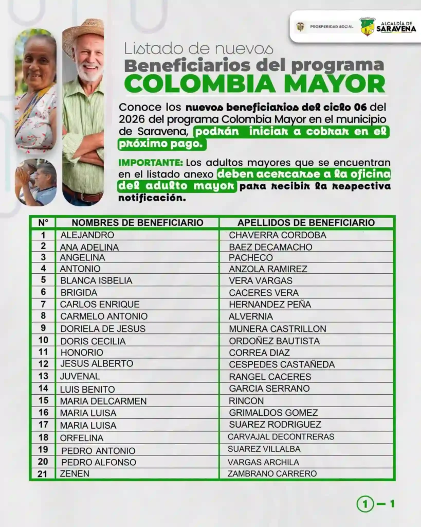 beneficiarios adulto mayor Saravena Arauca