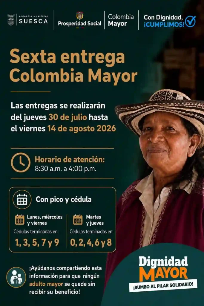 ¿Cuál es la fecha de pago del adulto mayor? 7 calendario pico y cedula cundinamarca