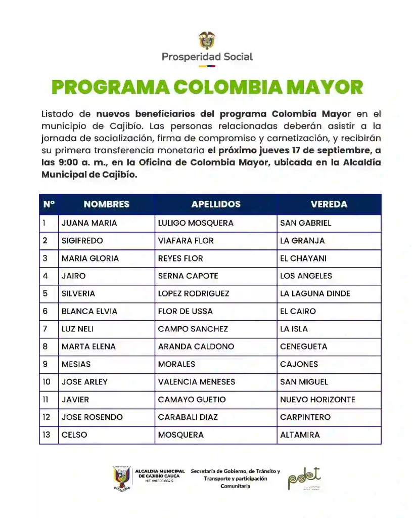 listados de Colombia Mayor en Cajibio