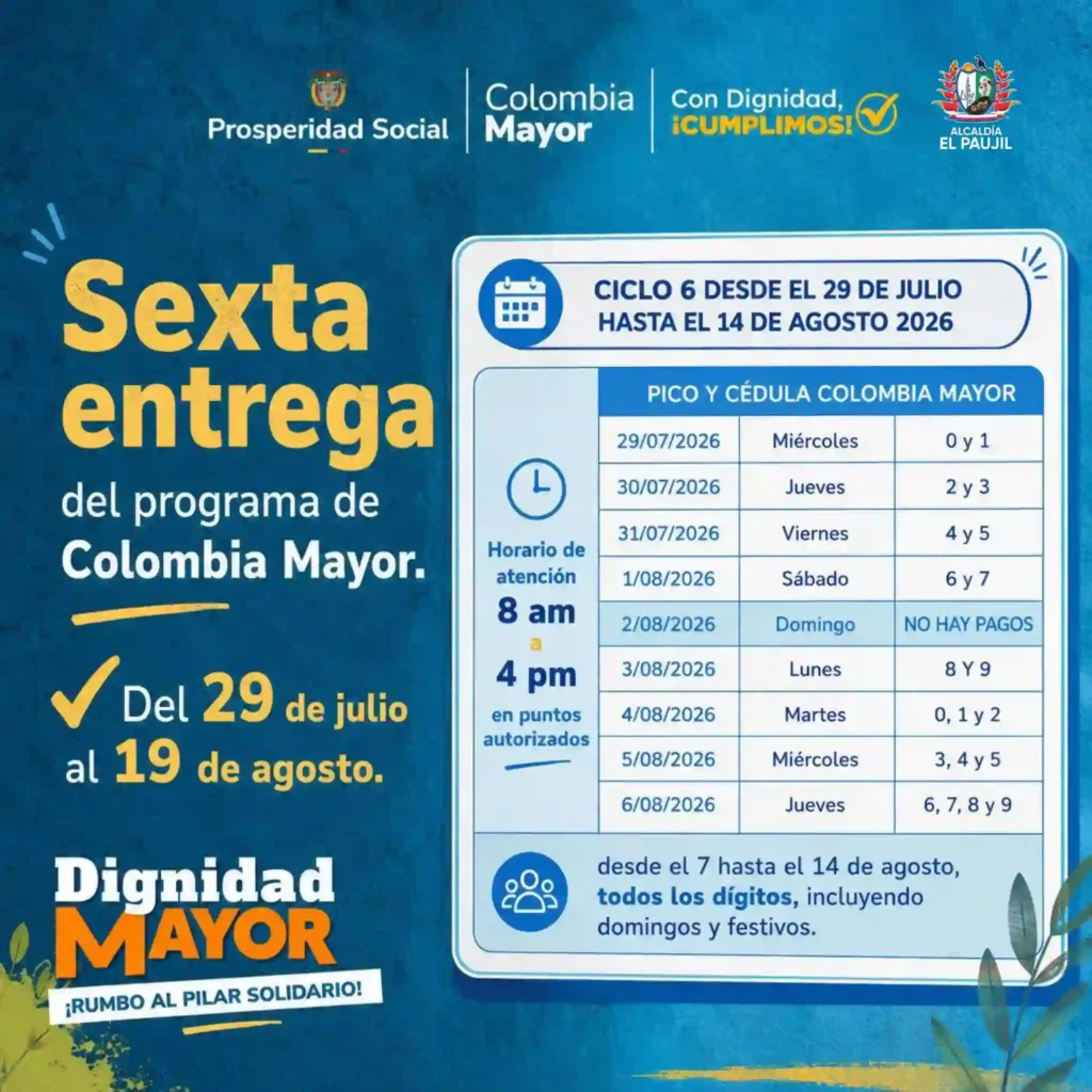¿Cuál es la fecha de pago del adulto mayor? 4 pico y cedula adulto mayor en Caqueta