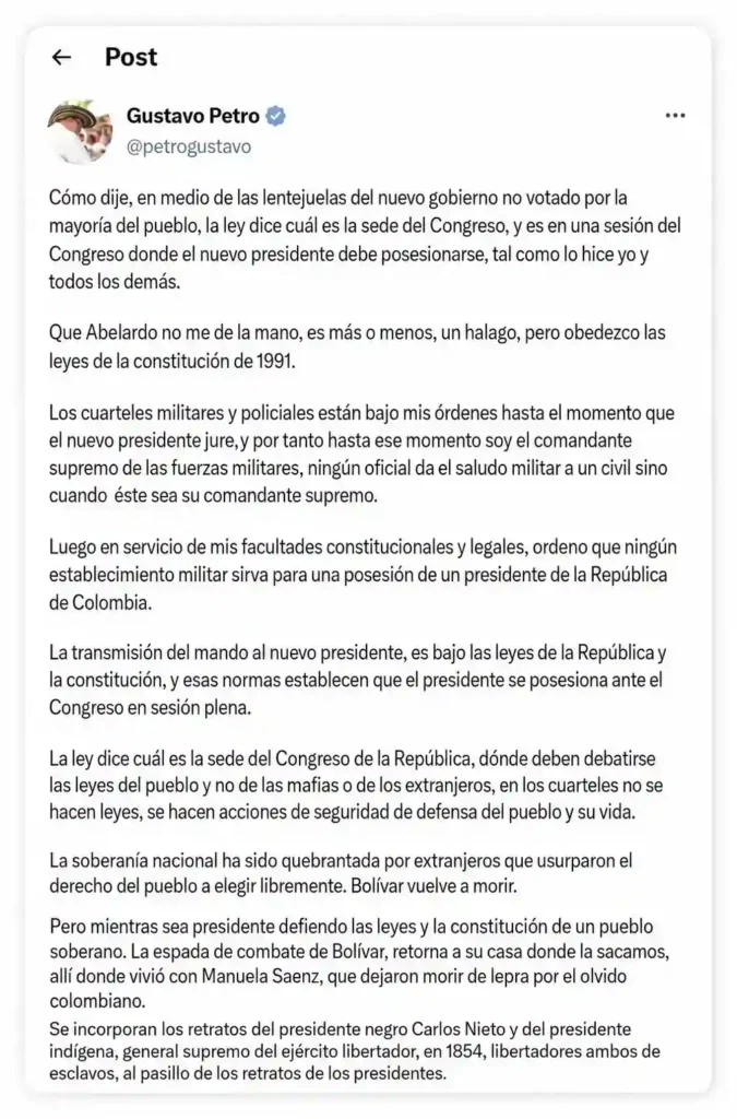 post de cuenta X de Gustavo Petro presidente de Colombia