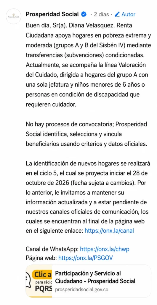 respuesta oficial de prosperidad social
