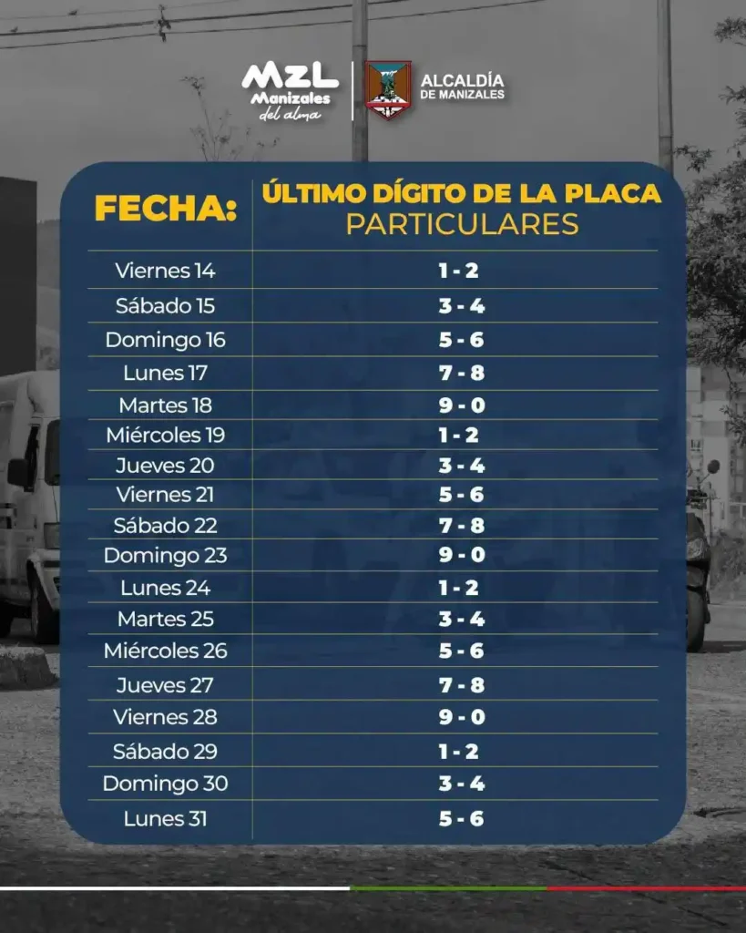 pico y placa temporal en Manizales