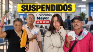 Adultos mayores suspendidos en Colombia Mayor junto a una joven preocupada por el riesgo de perder el beneficio.