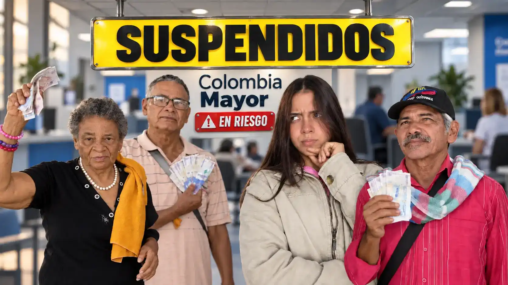 Adultos mayores suspendidos en Colombia Mayor junto a una joven preocupada por el riesgo de perder el beneficio.